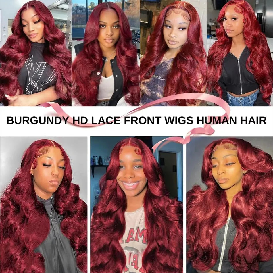 99j Burgundy 13x6 13x4 Lace Frontal Brazilian Wigs Preplucked Colored Body Wave Frontal Wigs HD Transparent Lace Human Hair Wigs