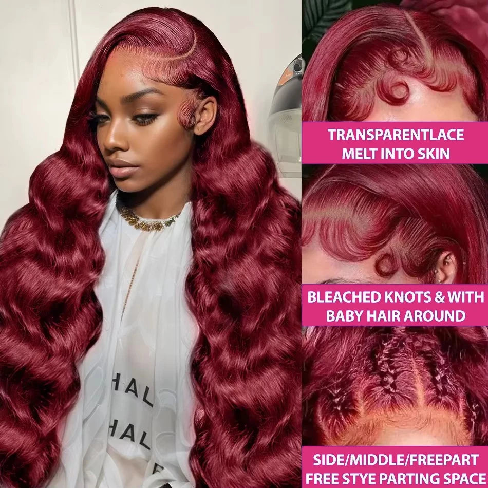 99j Burgundy 13x6 13x4 Lace Frontal Brazilian Wigs Preplucked Colored Body Wave Frontal Wigs HD Transparent Lace Human Hair Wigs