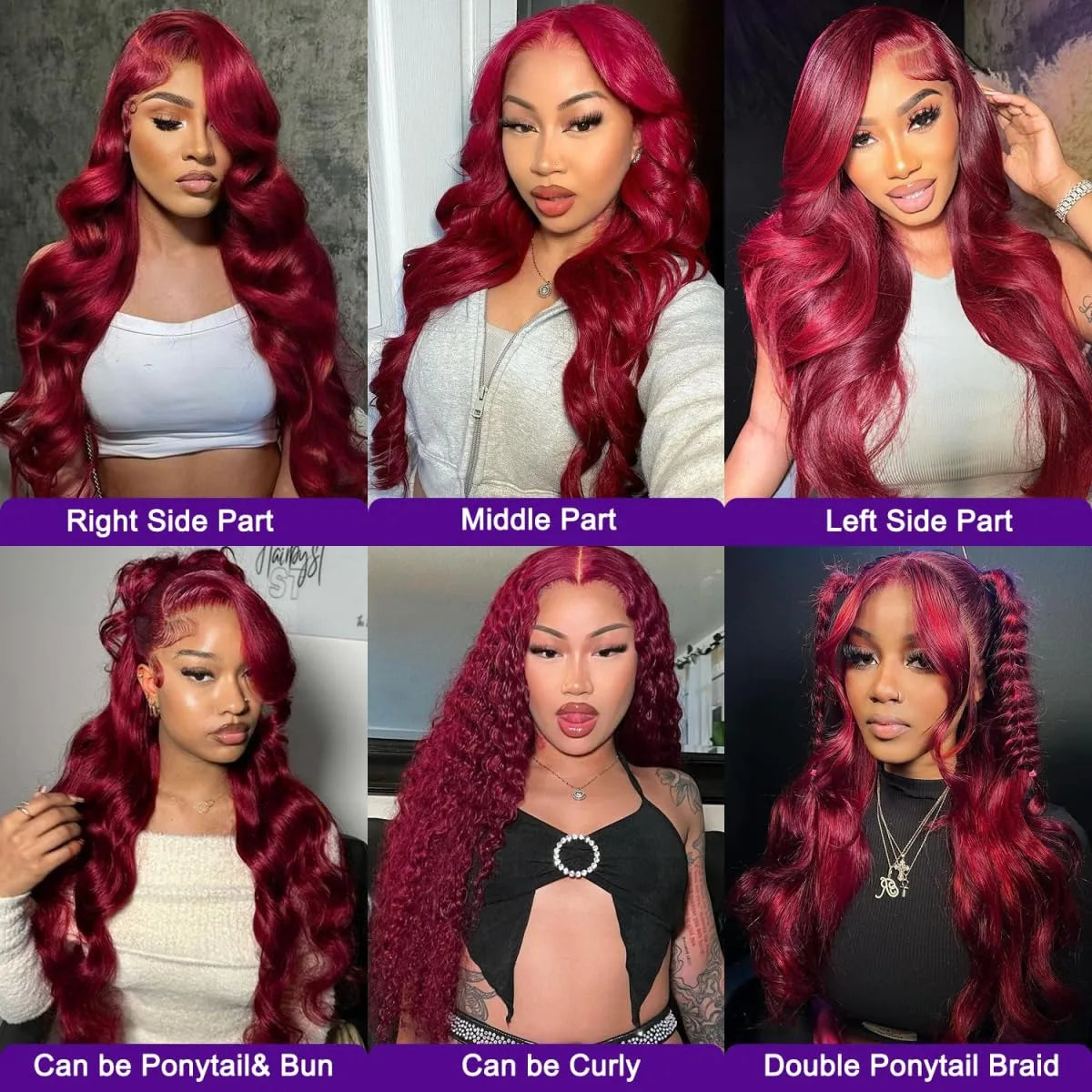 Human Hair Wigs, 13x6 and 13x4 Lace Frontal  For Women . Red Color Wine Body and Wave.