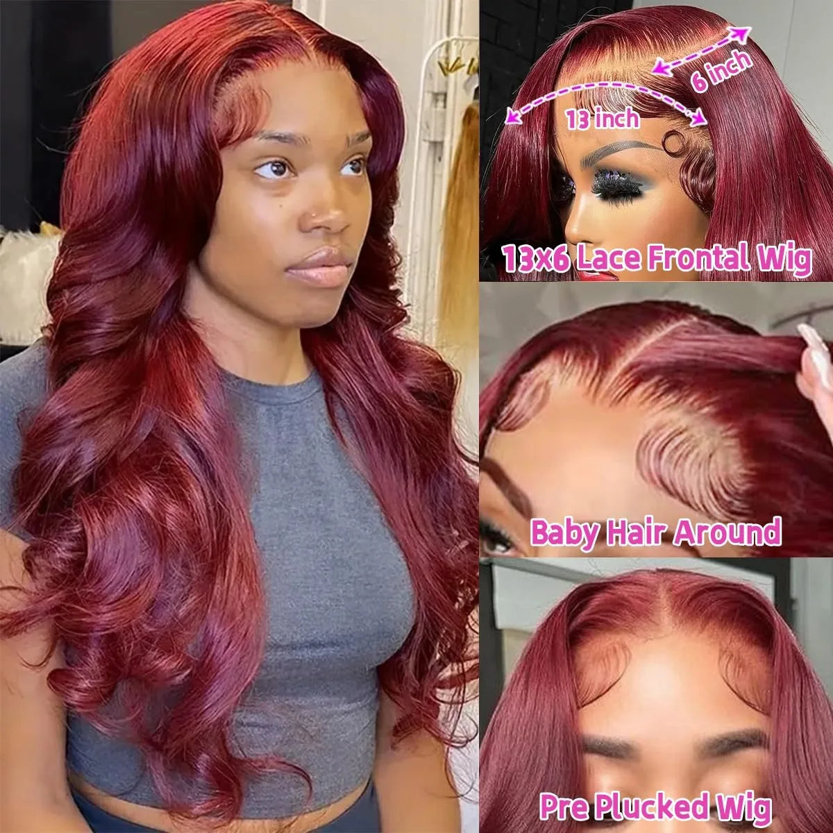 Human Hair Wigs, 13x6 and 13x4 Lace Frontal  For Women . Red Color Wine Body and Wave.