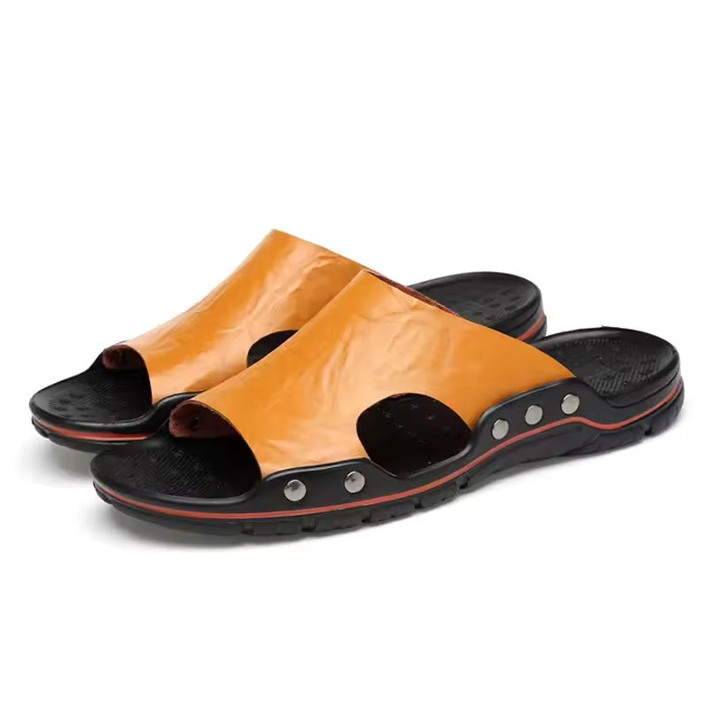 YRZL Mens Sandals PU Leather Classic Summer Men Slippers Soft Black Slippers Big Size Slippers Lightweight EVA Slides for Men