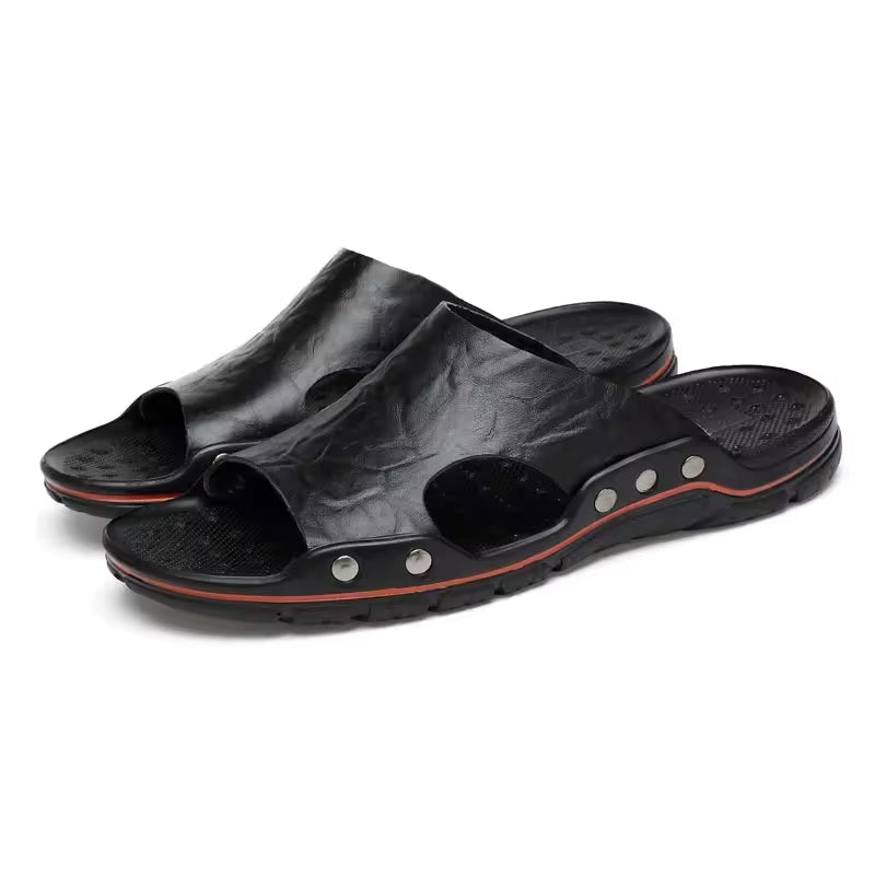 YRZL Mens Sandals PU Leather Classic Summer Men Slippers Soft Black Slippers Big Size Slippers Lightweight EVA Slides for Men