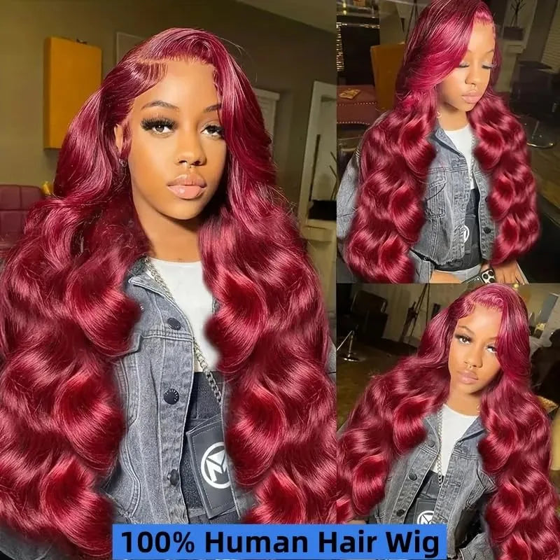 Human Hair Wigs, 13x6 and 13x4 Lace Frontal  For Women . Red Color Wine Body and Wave.