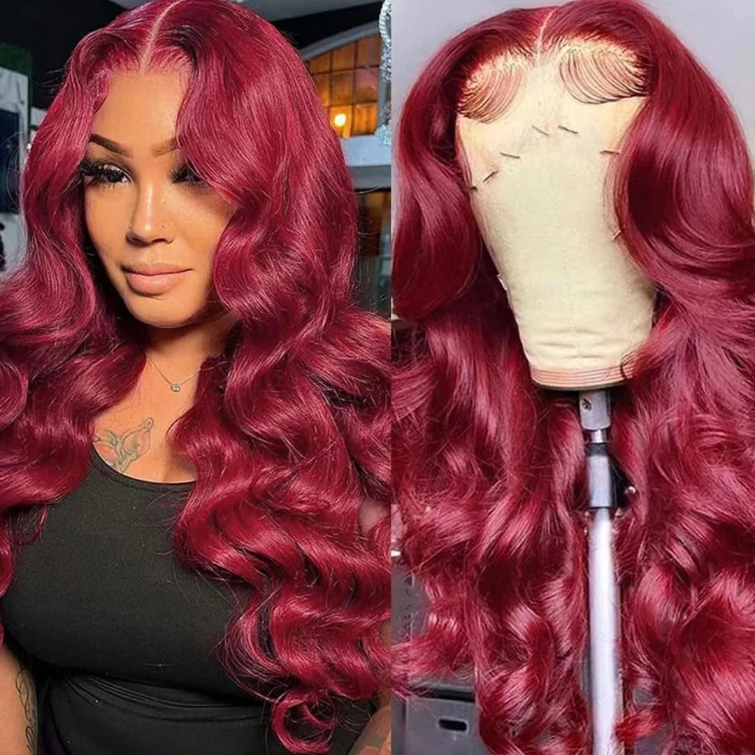 Human Hair Wigs, 13x6 and 13x4 Lace Frontal  For Women . Red Color Wine Body and Wave.