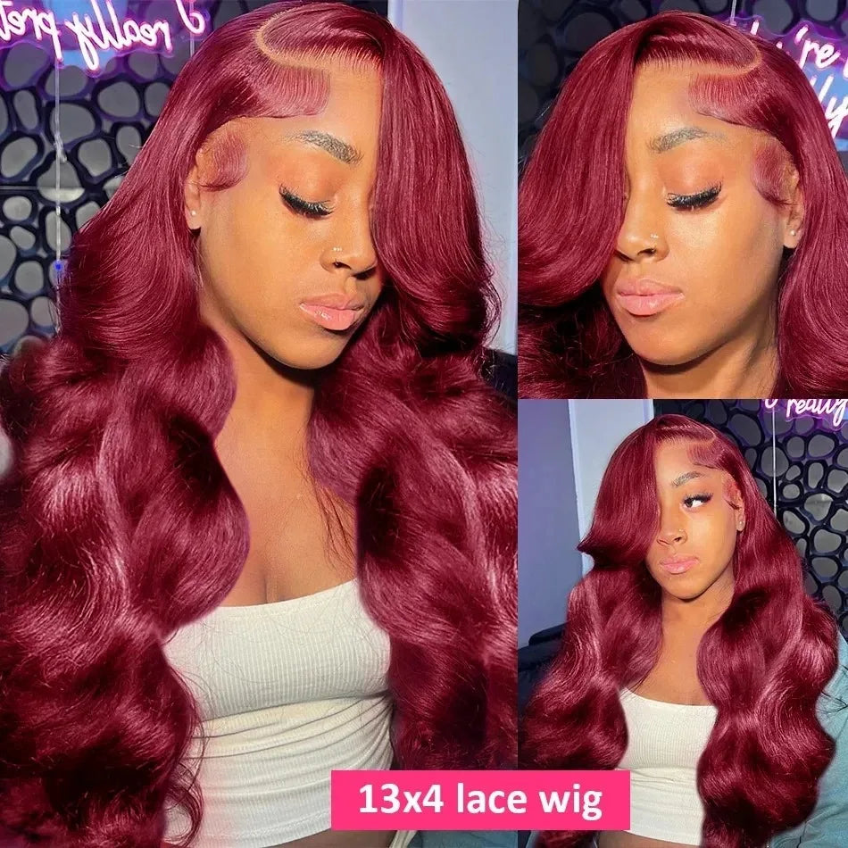 Human Hair Wigs, 13x6 and 13x4 Lace Frontal  For Women . Red Color Wine Body and Wave.