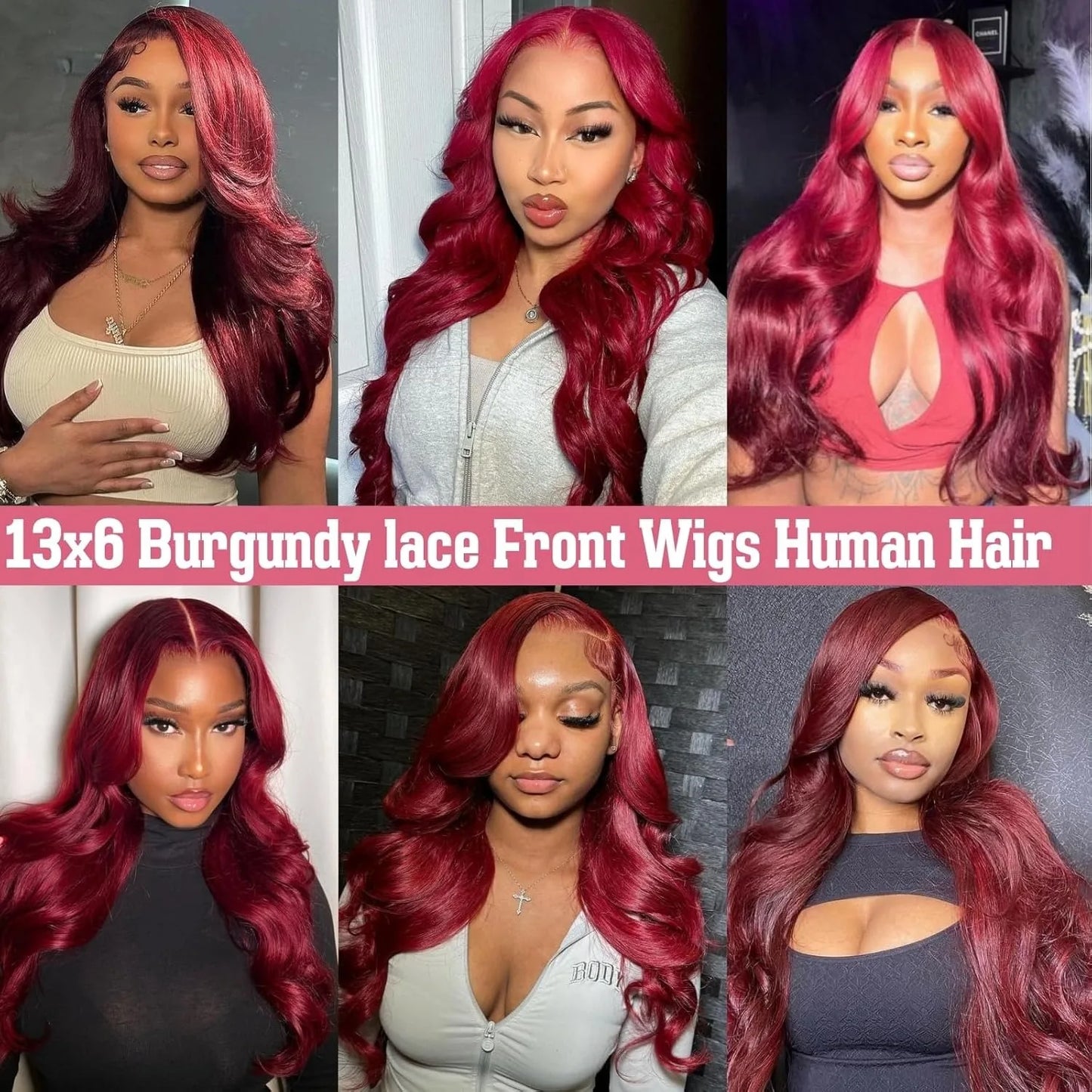 Human Hair Wigs, 13x6 and 13x4 Lace Frontal  For Women . Red Color Wine Body and Wave.