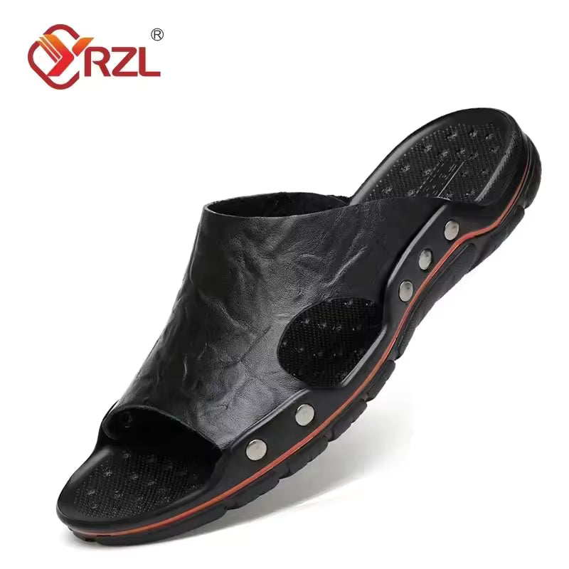 YRZL Mens Sandals PU Leather Classic Summer Men Slippers Soft Black Slippers Big Size Slippers Lightweight EVA Slides for Men