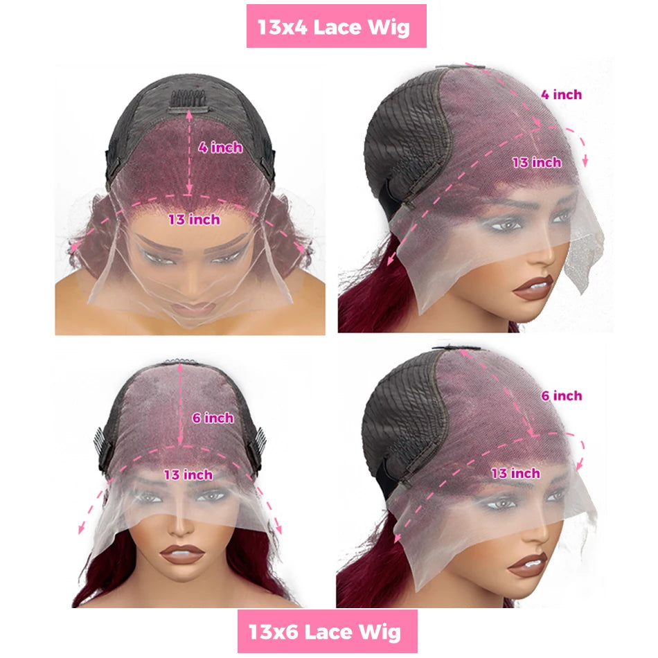Human Hair Wigs, 13x6 and 13x4 Lace Frontal  For Women . Red Color Wine Body and Wave.