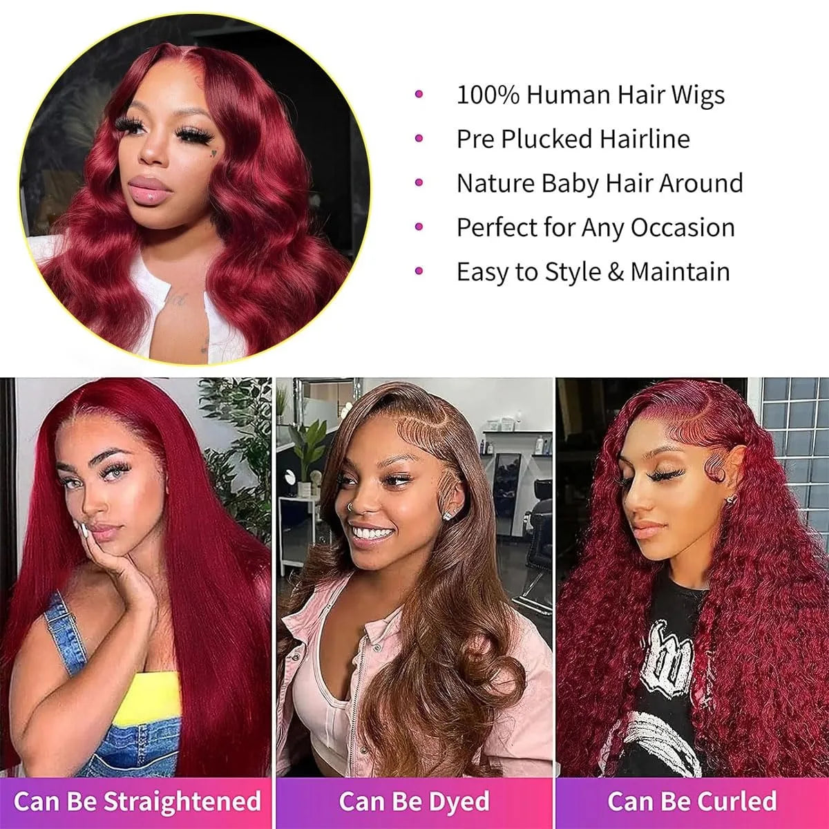 Human Hair Wigs, 13x6 and 13x4 Lace Frontal  For Women . Red Color Wine Body and Wave.