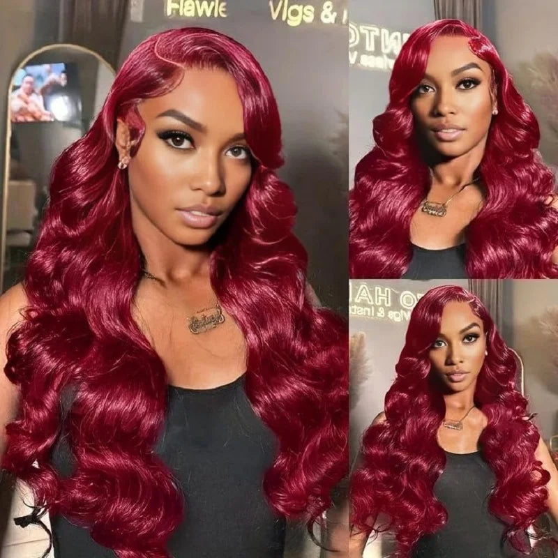 Human Hair Wigs, 13x6 and 13x4 Lace Frontal  For Women . Red Color Wine Body and Wave.