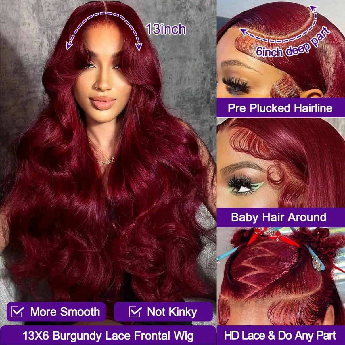 Human Hair Wigs, 13x6 and 13x4 Lace Frontal  For Women . Red Color Wine Body and Wave.