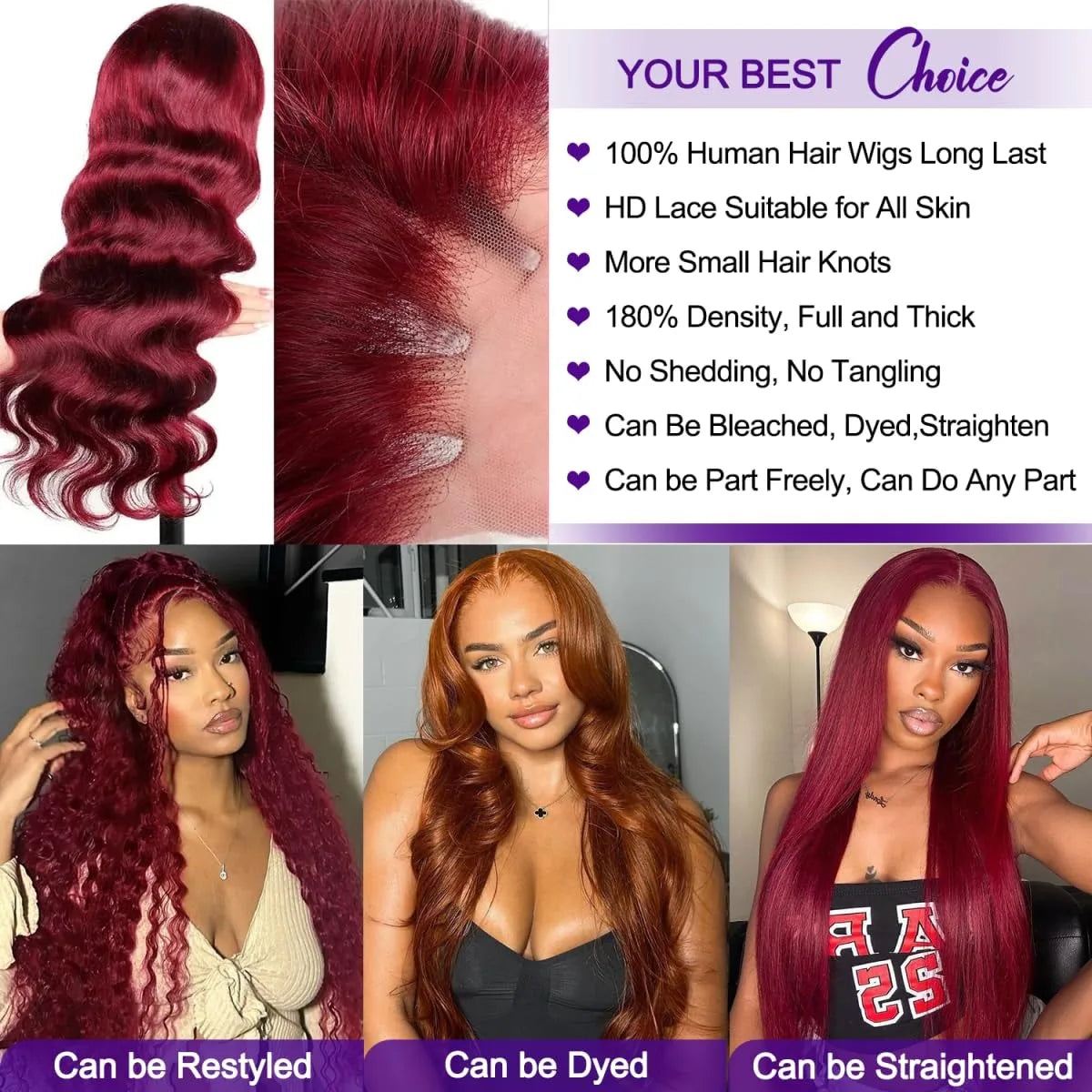 Human Hair Wigs, 13x6 and 13x4 Lace Frontal  For Women . Red Color Wine Body and Wave.
