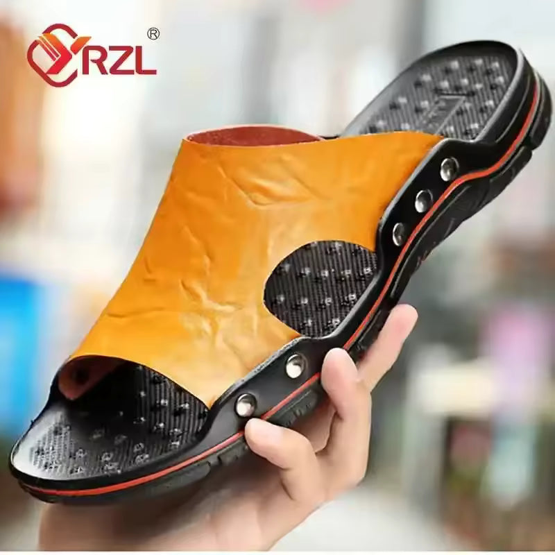 YRZL Mens Sandals PU Leather Classic Summer Men Slippers Soft Black Slippers Big Size Slippers Lightweight EVA Slides for Men