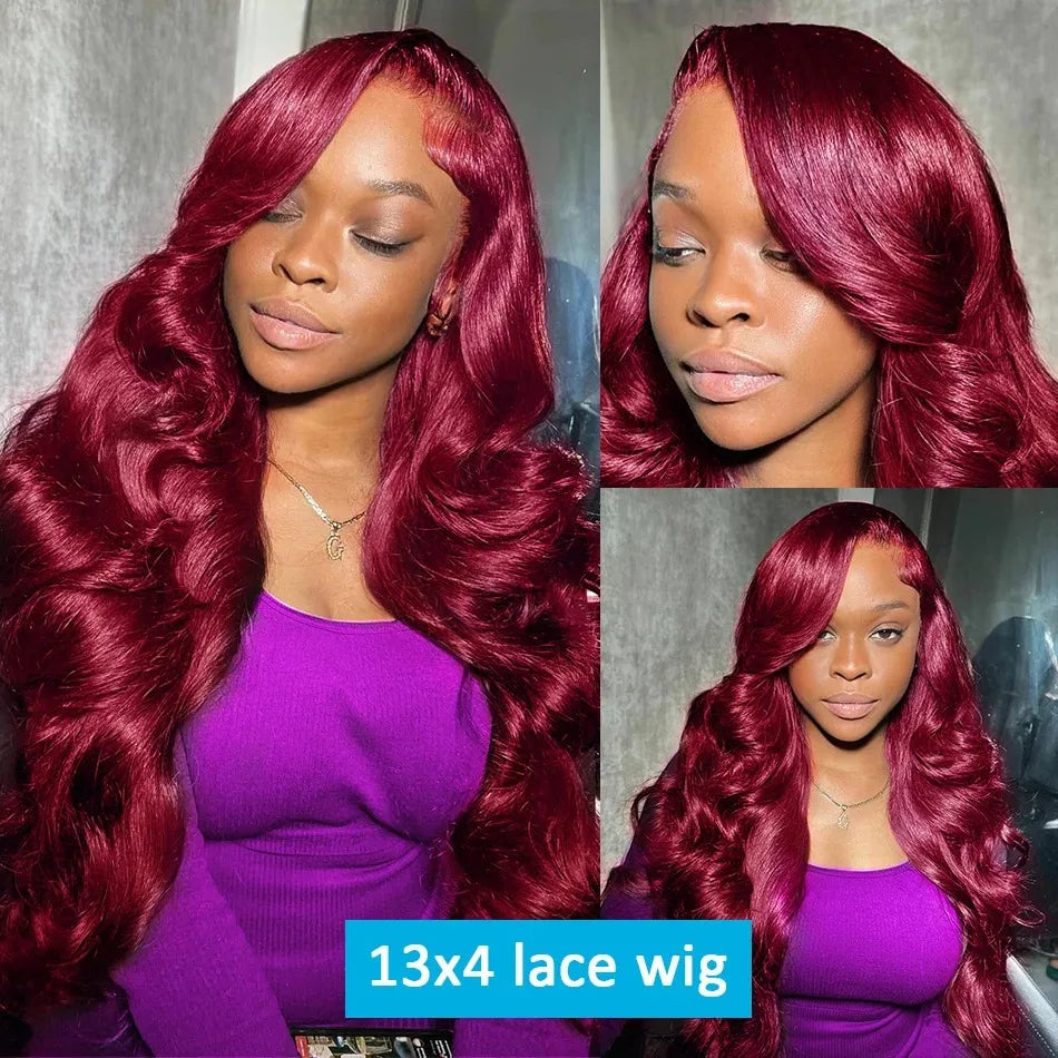 Human Hair Wigs, 13x6 and 13x4 Lace Frontal  For Women . Red Color Wine Body and Wave.