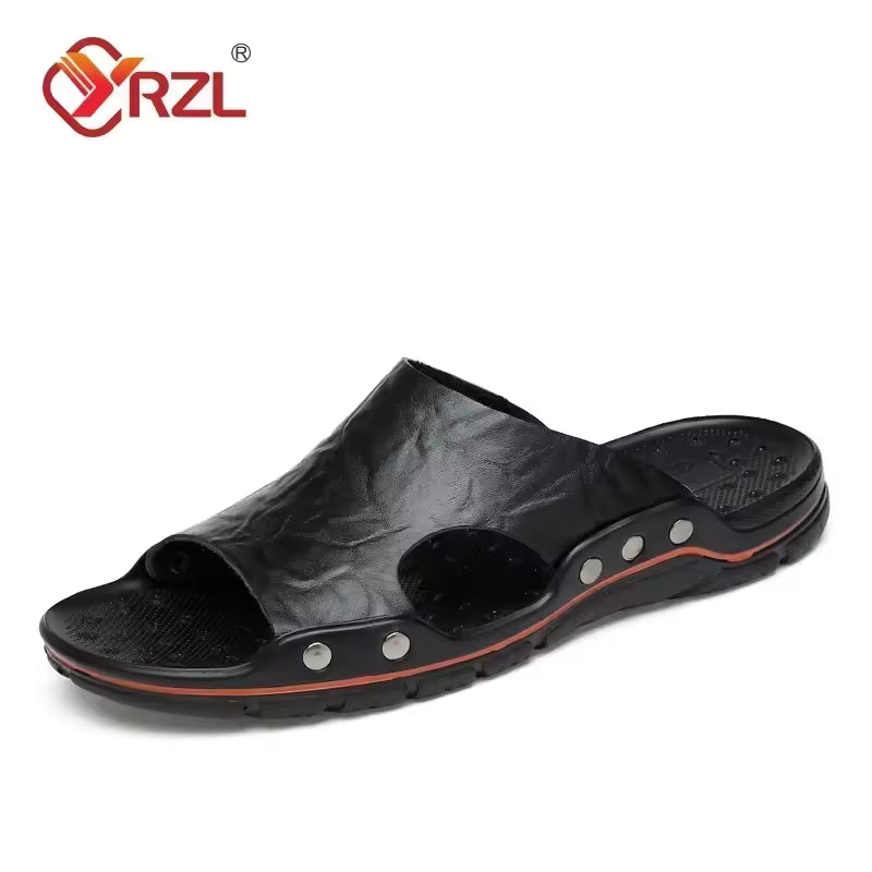 YRZL Mens Sandals PU Leather Classic Summer Men Slippers Soft Black Slippers Big Size Slippers Lightweight EVA Slides for Men