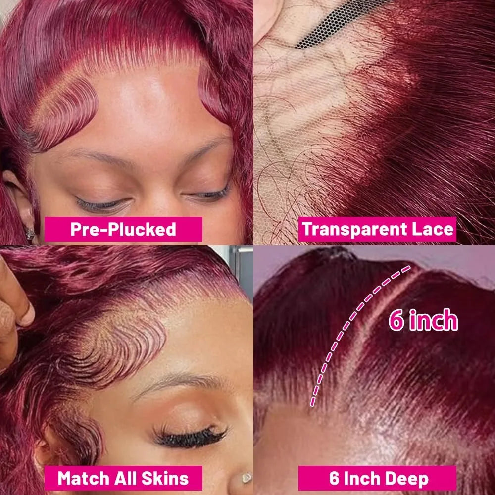 Human Hair Wigs, 13x6 and 13x4 Lace Frontal  For Women . Red Color Wine Body and Wave.