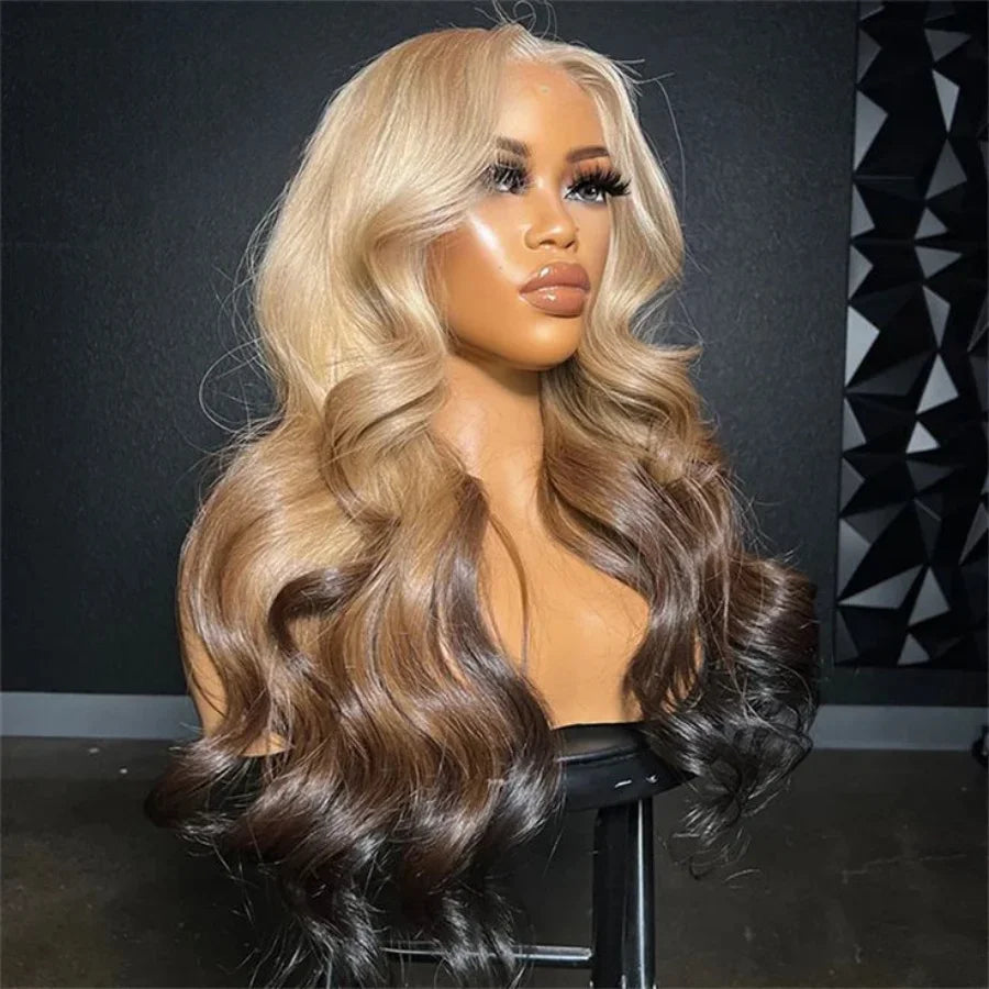 Red Blonde With Black Highlight Wig 13x4 Synthetic Lace Front Wigs Red And Black Body Wave Glueless Wig Lace Frontal  For Women