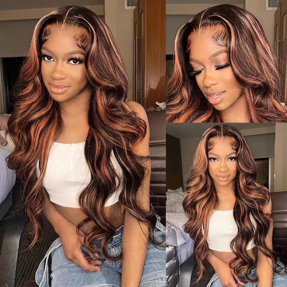 13X6 HD 200% 30 32 Inch Ombre Highlight 1B/30 Black Brown Body Wave Lace Front Human Hair Wigs Transparent 13x4 Lace Frontal Wig