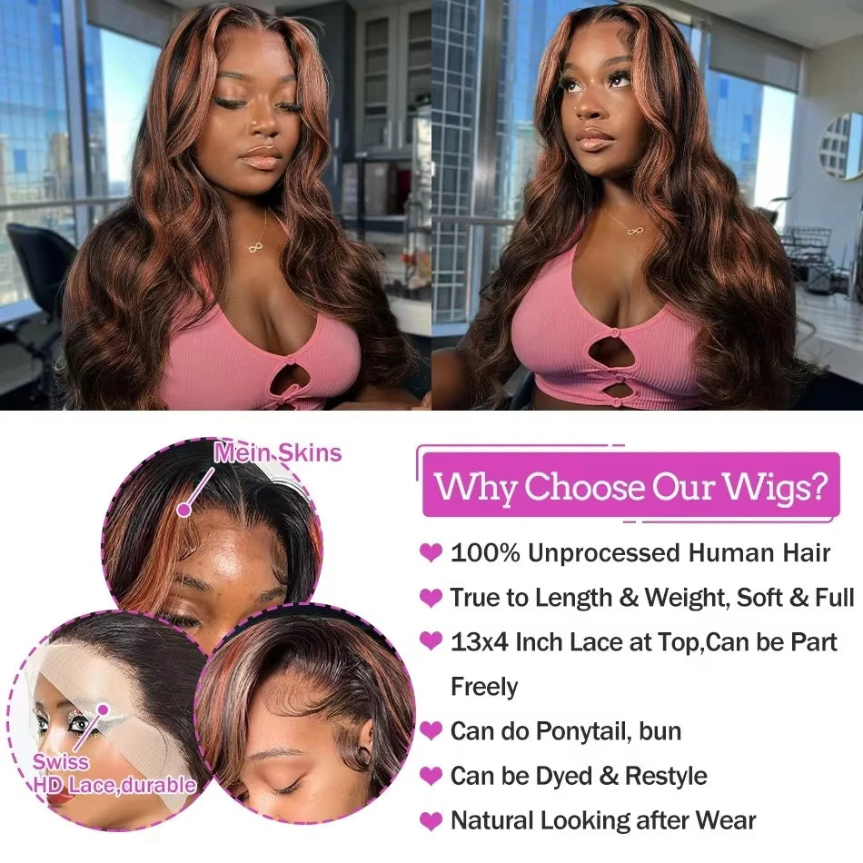 13X6 HD 200% 30 32 Inch Ombre Highlight 1B/30 Black Brown Body Wave Lace Front Human Hair Wigs Transparent 13x4 Lace Frontal Wig