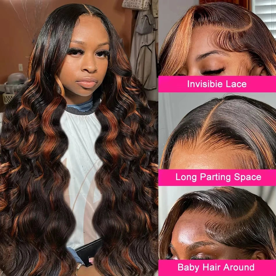 13X6 HD 200% 30 32 Inch Ombre Highlight 1B/30 Black Brown Body Wave Lace Front Human Hair Wigs Transparent 13x4 Lace Frontal Wig