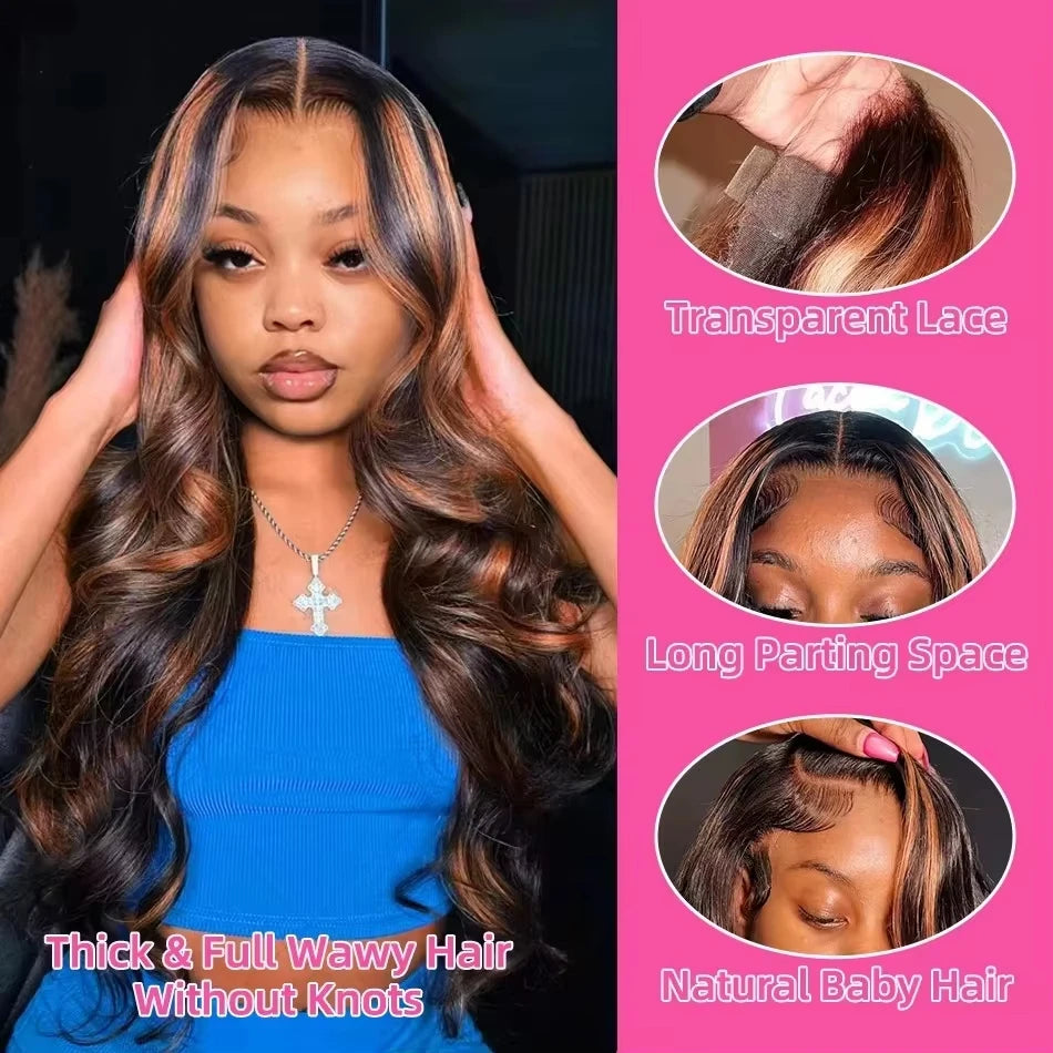 13X6 HD 200% 30 32 Inch Ombre Highlight 1B/30 Black Brown Body Wave Lace Front Human Hair Wigs Transparent 13x4 Lace Frontal Wig