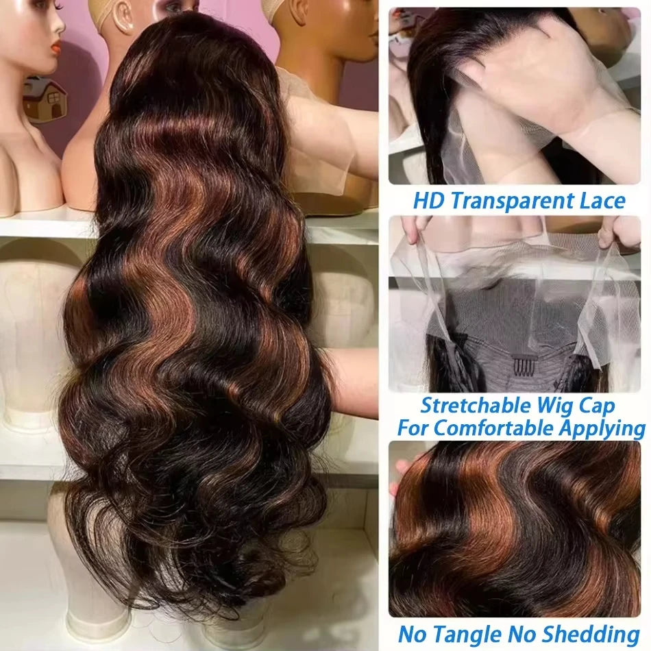 13X6 HD 200% 30 32 Inch Ombre Highlight 1B/30 Black Brown Body Wave Lace Front Human Hair Wigs Transparent 13x4 Lace Frontal Wig