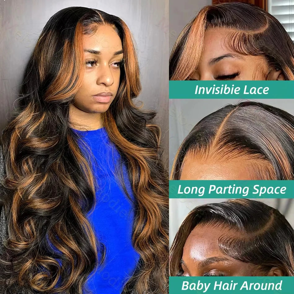 13X6 HD 200% 30 32 Inch Ombre Highlight 1B/30 Black Brown Body Wave Lace Front Human Hair Wigs Transparent 13x4 Lace Frontal Wig