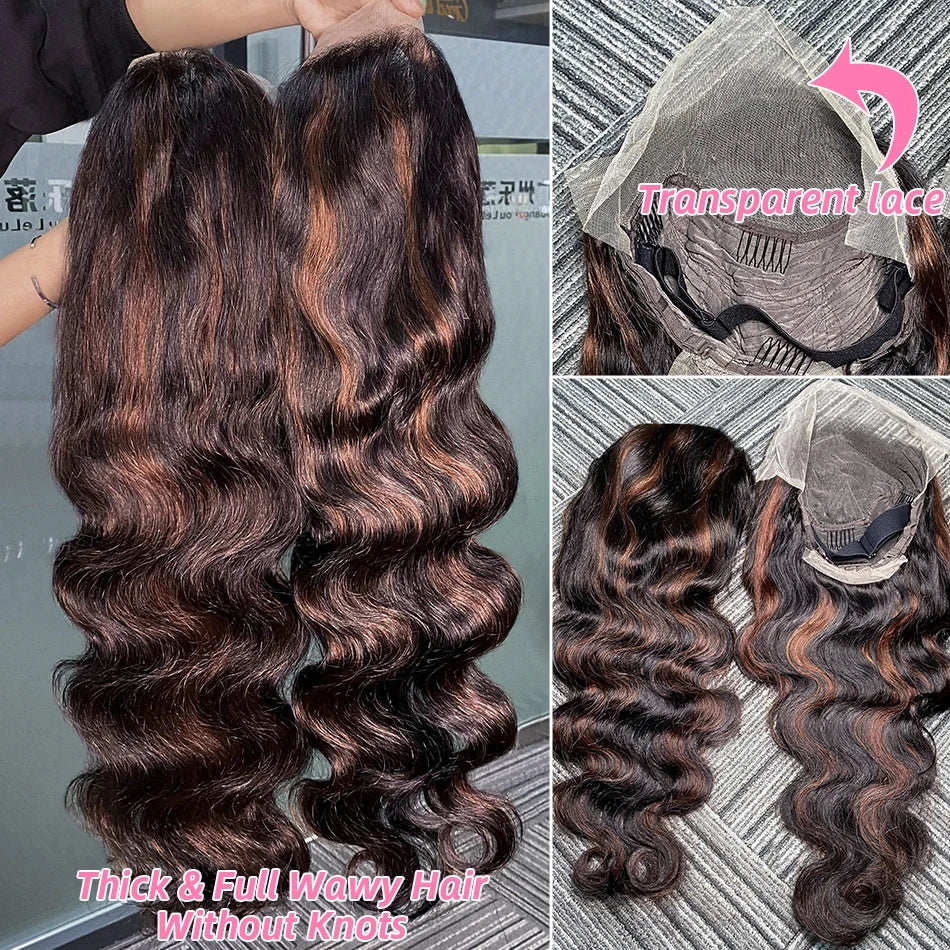 13X6 HD 200% 30 32 Inch Ombre Highlight 1B/30 Black Brown Body Wave Lace Front Human Hair Wigs Transparent 13x4 Lace Frontal Wig