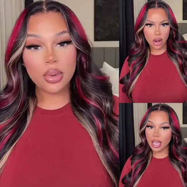 Red Blonde With Black Highlight Wig 13x4 Synthetic Lace Front Wigs Red And Black Body Wave Glueless Wig Lace Frontal  For Women