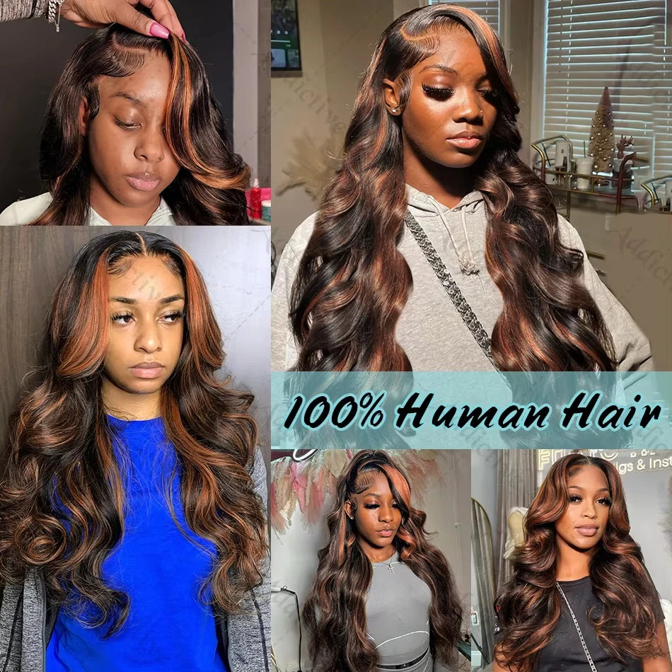 13X6 HD 200% 30 32 Inch Ombre Highlight 1B/30 Black Brown Body Wave Lace Front Human Hair Wigs Transparent 13x4 Lace Frontal Wig