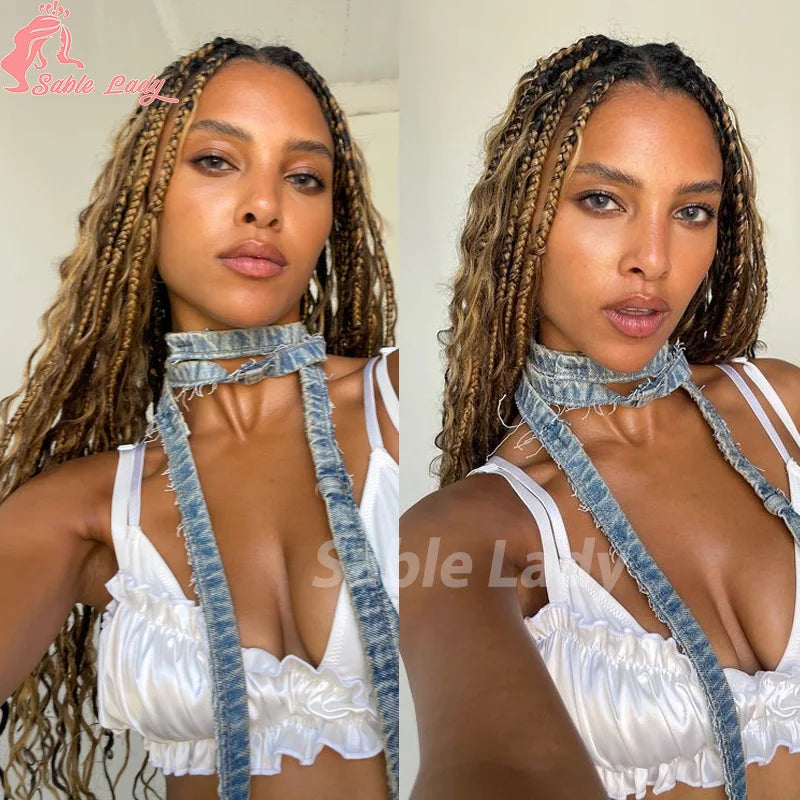 Boho Braided Wigs Synthetic Full Lace Front Wigs Blonde Curly Ends Hair Goddess Locs Cornrows Braid Wigs Knotless Box Braids Wig