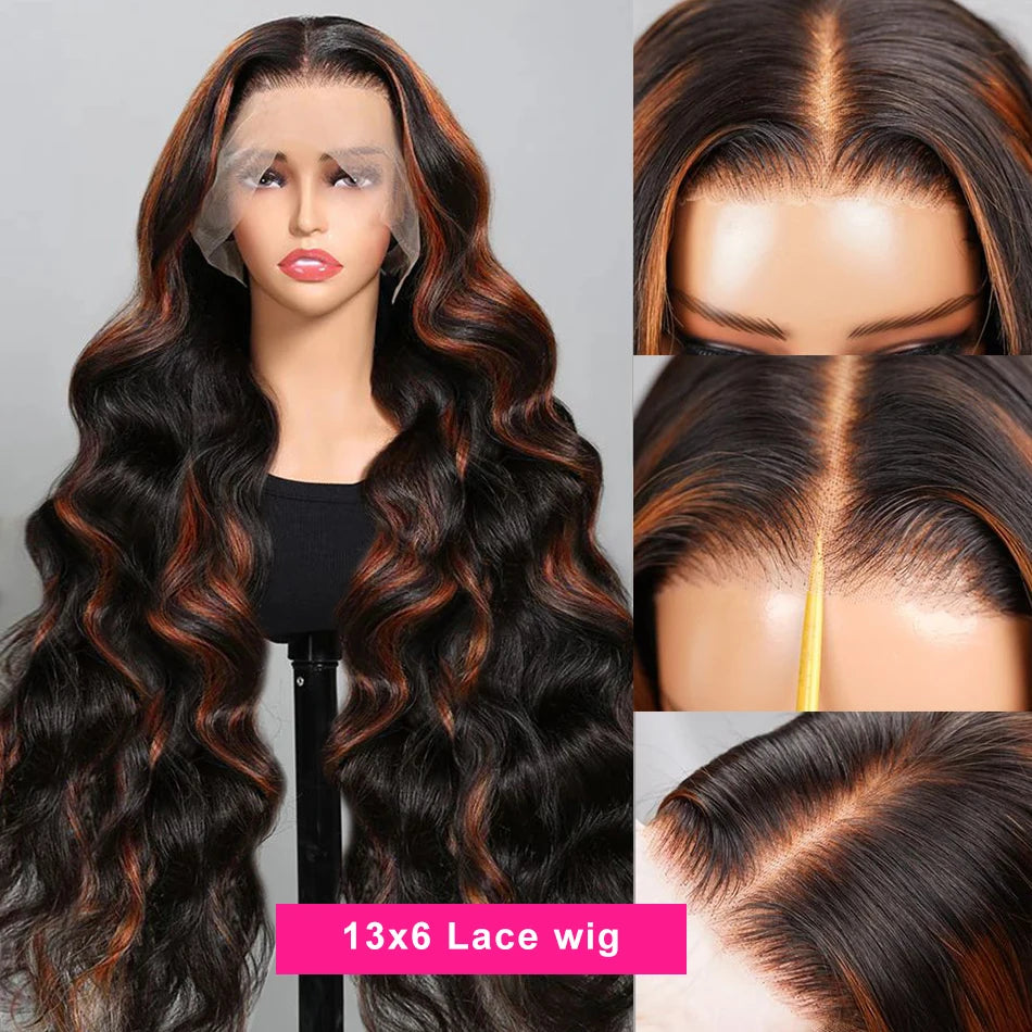 13X6 HD 200% 30 32 Inch Ombre Highlight 1B/30 Black Brown Body Wave Lace Front Human Hair Wigs Transparent 13x4 Lace Frontal Wig