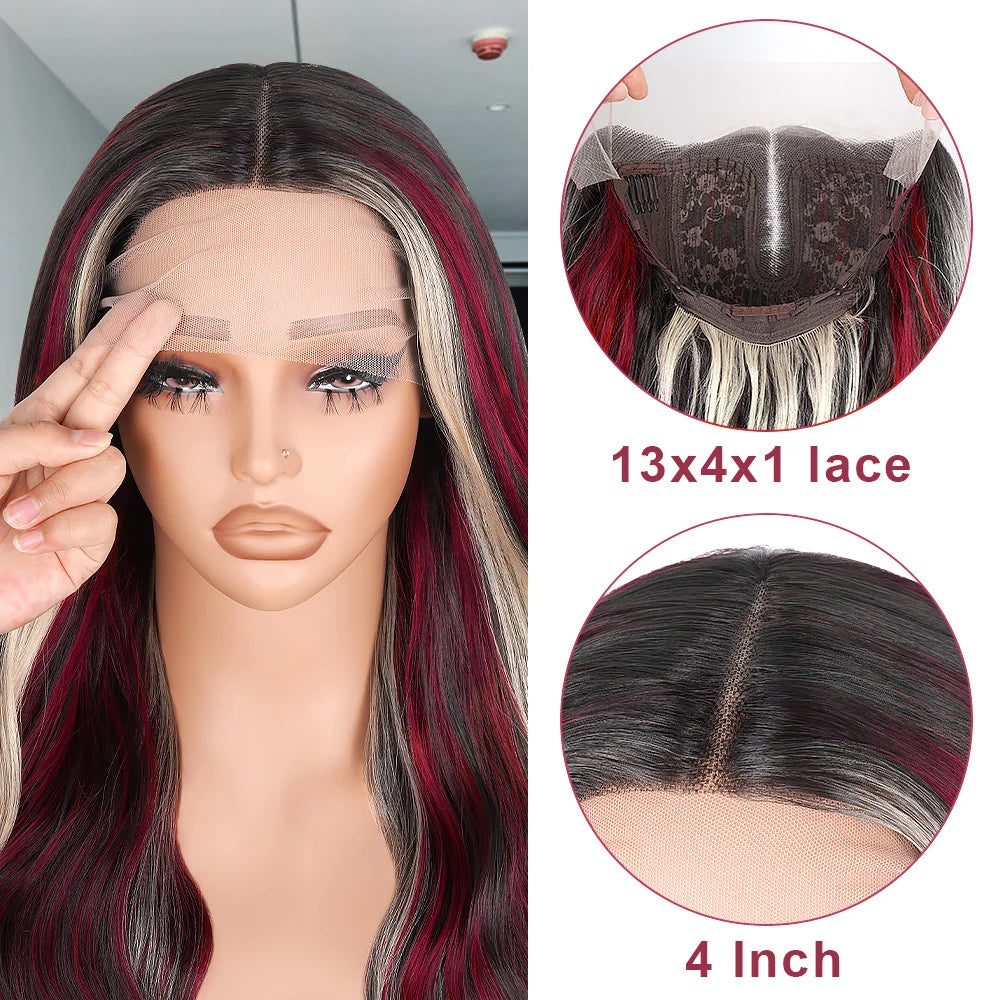 Red Blonde With Black Highlight Wig 13x4 Synthetic Lace Front Wigs Red And Black Body Wave Glueless Wig Lace Frontal  For Women