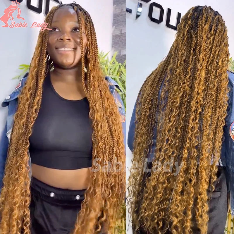 Boho Braided Wigs Synthetic Full Lace Front Wigs Blonde Curly Ends Hair Goddess Locs Cornrows Braid Wigs Knotless Box Braids Wig