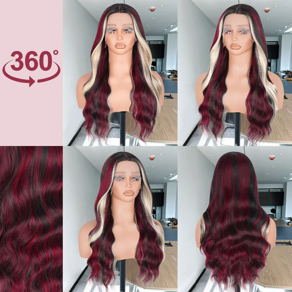 Red Blonde With Black Highlight Wig 13x4 Synthetic Lace Front Wigs Red And Black Body Wave Glueless Wig Lace Frontal  For Women