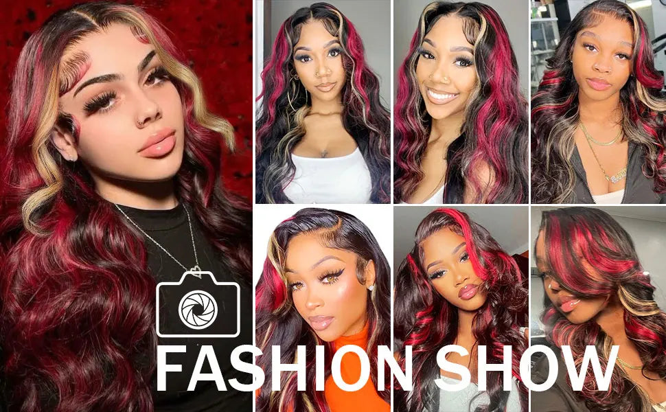 Red Blonde With Black Highlight Wig 13x4 Synthetic Lace Front Wigs Red And Black Body Wave Glueless Wig Lace Frontal  For Women