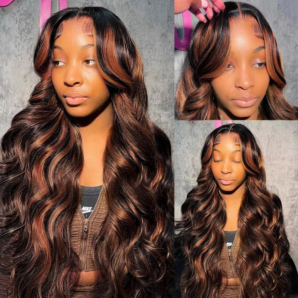13X6 HD 200% 30 32 Inch Ombre Highlight 1B/30 Black Brown Body Wave Lace Front Human Hair Wigs Transparent 13x4 Lace Frontal Wig