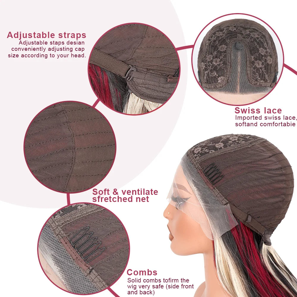 Red Blonde With Black Highlight Wig 13x4 Synthetic Lace Front Wigs Red And Black Body Wave Glueless Wig Lace Frontal  For Women