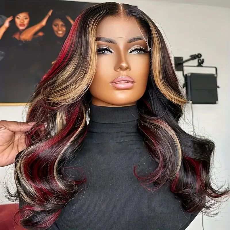 Red Blonde With Black Highlight Wig 13x4 Synthetic Lace Front Wigs Red And Black Body Wave Glueless Wig Lace Frontal  For Women