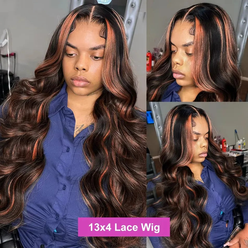 13X6 HD 200% 30 32 Inch Ombre Highlight 1B/30 Black Brown Body Wave Lace Front Human Hair Wigs Transparent 13x4 Lace Frontal Wig