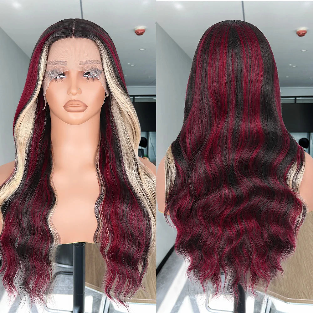 Red Blonde With Black Highlight Wig 13x4 Synthetic Lace Front Wigs Red And Black Body Wave Glueless Wig Lace Frontal  For Women