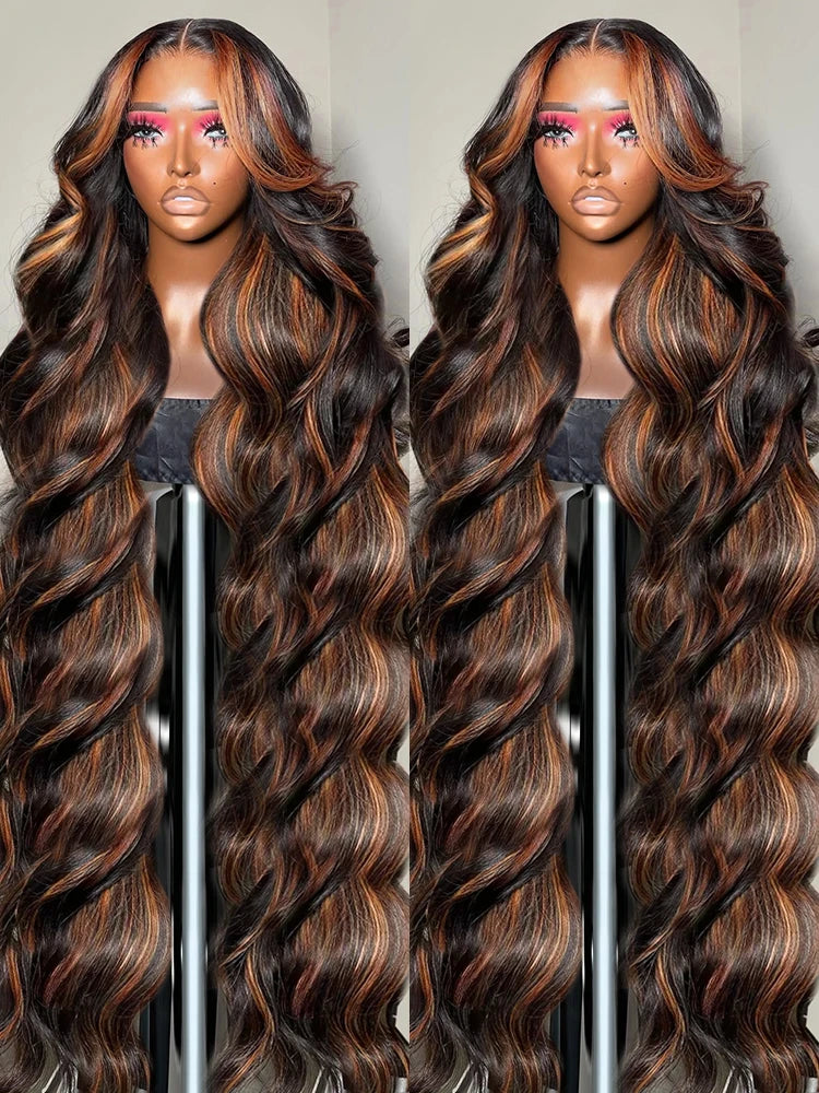 13X6 HD 200% 30 32 Inch Ombre Highlight 1B/30 Black Brown Body Wave Lace Front Human Hair Wigs Transparent 13x4 Lace Frontal Wig
