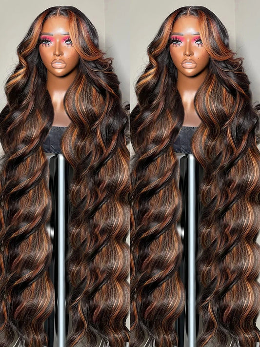 13X6 HD 200% 30 32 Inch Ombre Highlight 1B/30 Black Brown Body Wave Lace Front Human Hair Wigs Transparent 13x4 Lace Frontal Wig