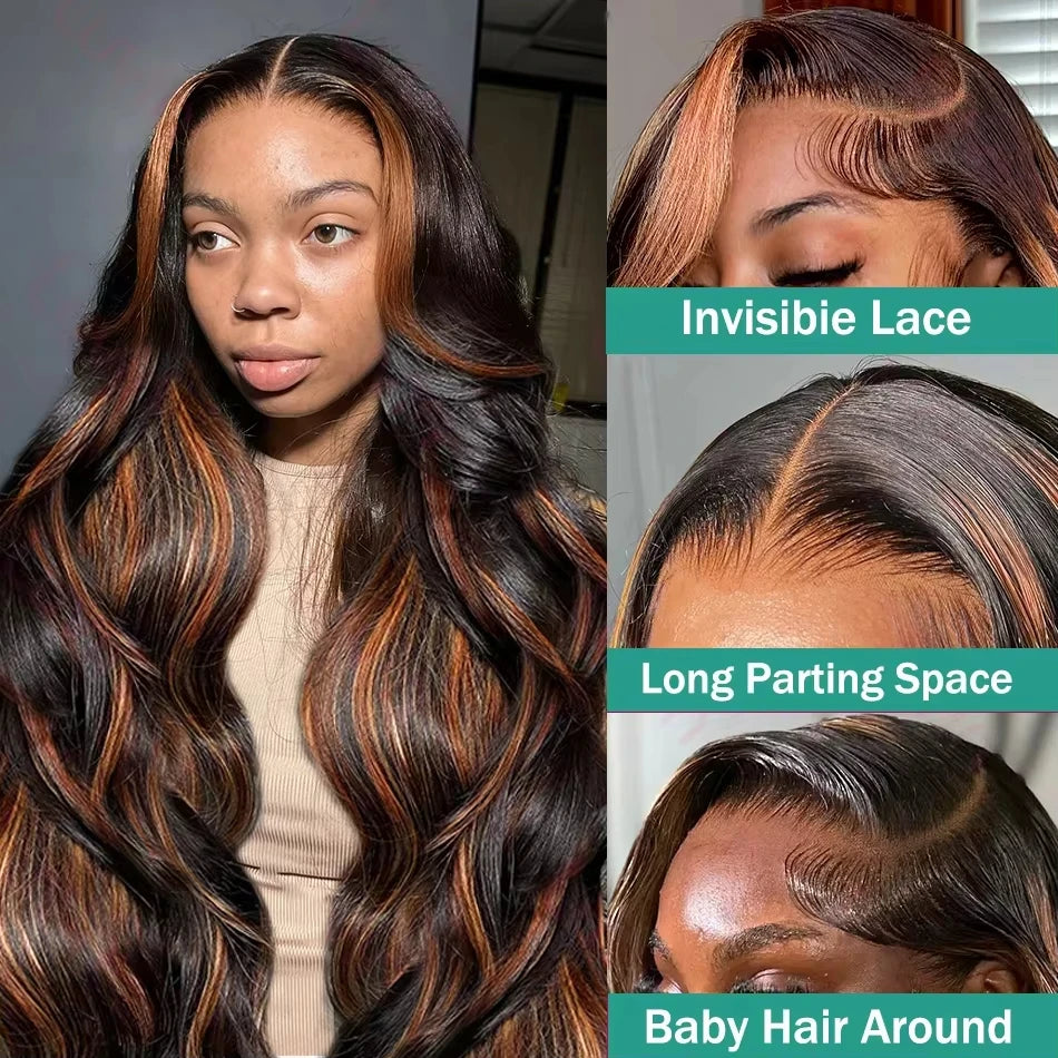 13X6 HD 200% 30 32 Inch Ombre Highlight 1B/30 Black Brown Body Wave Lace Front Human Hair Wigs Transparent 13x4 Lace Frontal Wig