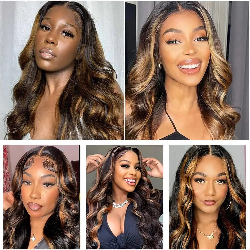 Red Blonde With Black Highlight Wig 13x4 Synthetic Lace Front Wigs Red And Black Body Wave Glueless Wig Lace Frontal  For Women