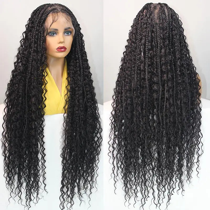 Boho Braided Wigs Synthetic Full Lace Front Wigs Blonde Curly Ends Hair Goddess Locs Cornrows Braid Wigs Knotless Box Braids Wig