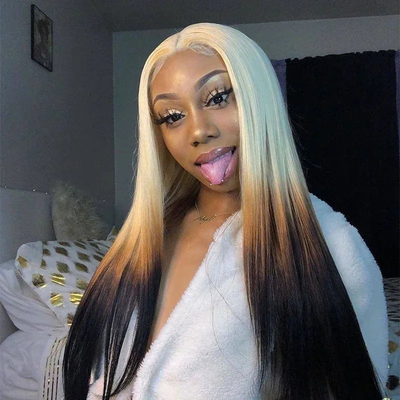 Red Blonde With Black Highlight Wig 13x4 Synthetic Lace Front Wigs Red And Black Body Wave Glueless Wig Lace Frontal  For Women