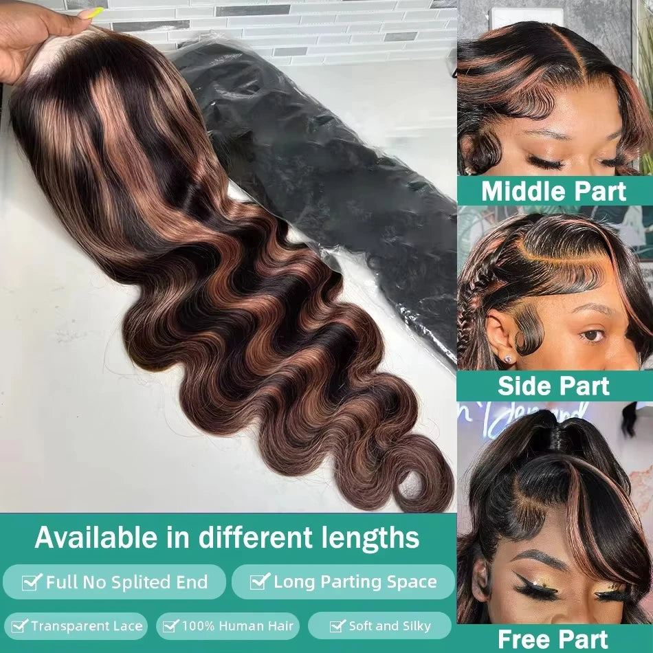 13X6 HD 200% 30 32 Inch Ombre Highlight 1B/30 Black Brown Body Wave Lace Front Human Hair Wigs Transparent 13x4 Lace Frontal Wig
