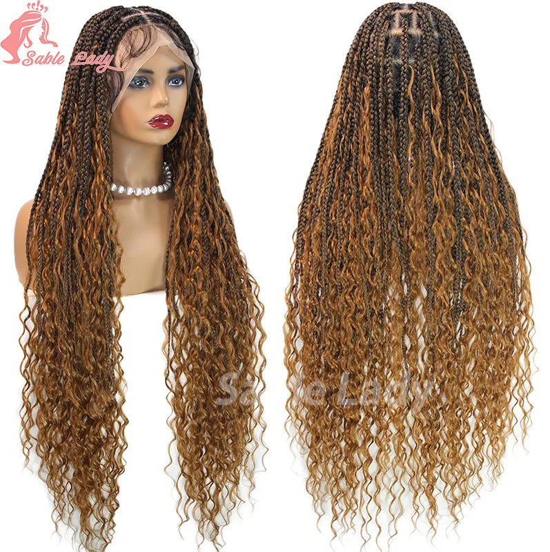 Boho Braided Wigs Synthetic Full Lace Front Wigs Blonde Curly Ends Hair Goddess Locs Cornrows Braid Wigs Knotless Box Braids Wig
