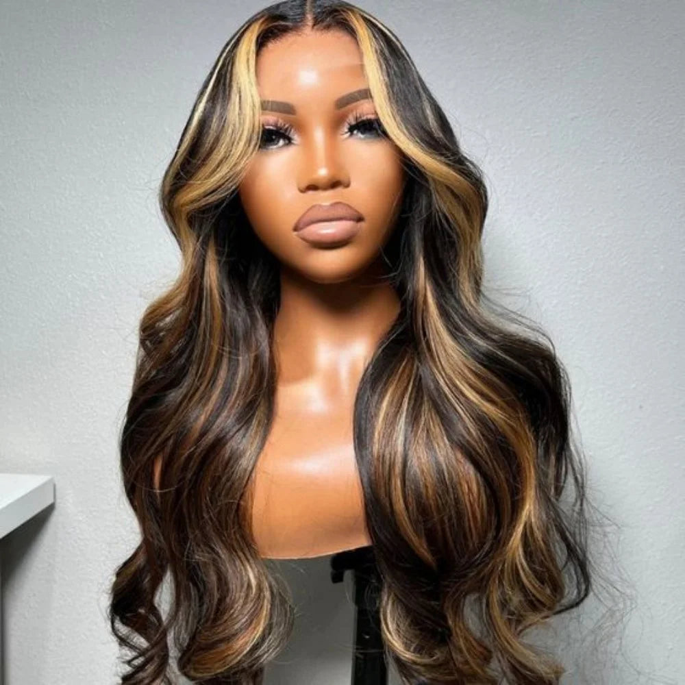 Red Blonde With Black Highlight Wig 13x4 Synthetic Lace Front Wigs Red And Black Body Wave Glueless Wig Lace Frontal  For Women
